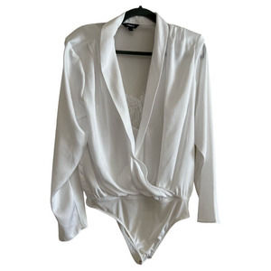 Express Draped Lace Inset Long Sleeve Thong Bodysuit White Womens Size Large